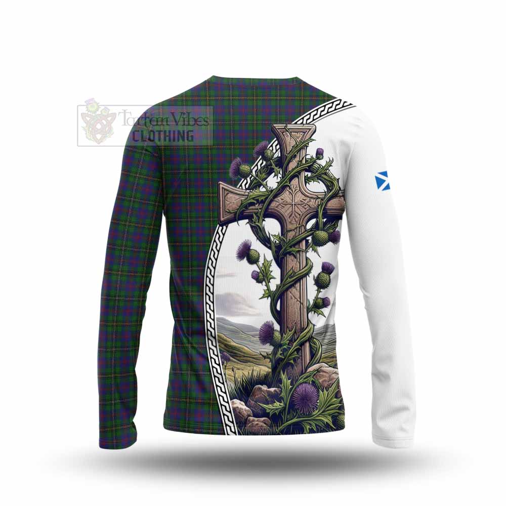 Tartan Vibes Clothing Wood Tartan Long Sleeve T-Shirt with Family Crest and St. Andrew's Cross Accented by Thistle Vines