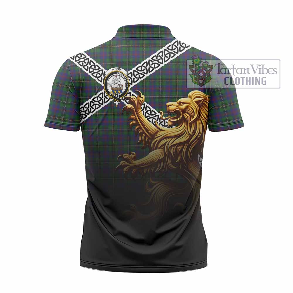 Wood Crest Tartan Zipper Polo Shirt with Golden Lion Emblem Celtic Style - Tartan Vibes Clothing