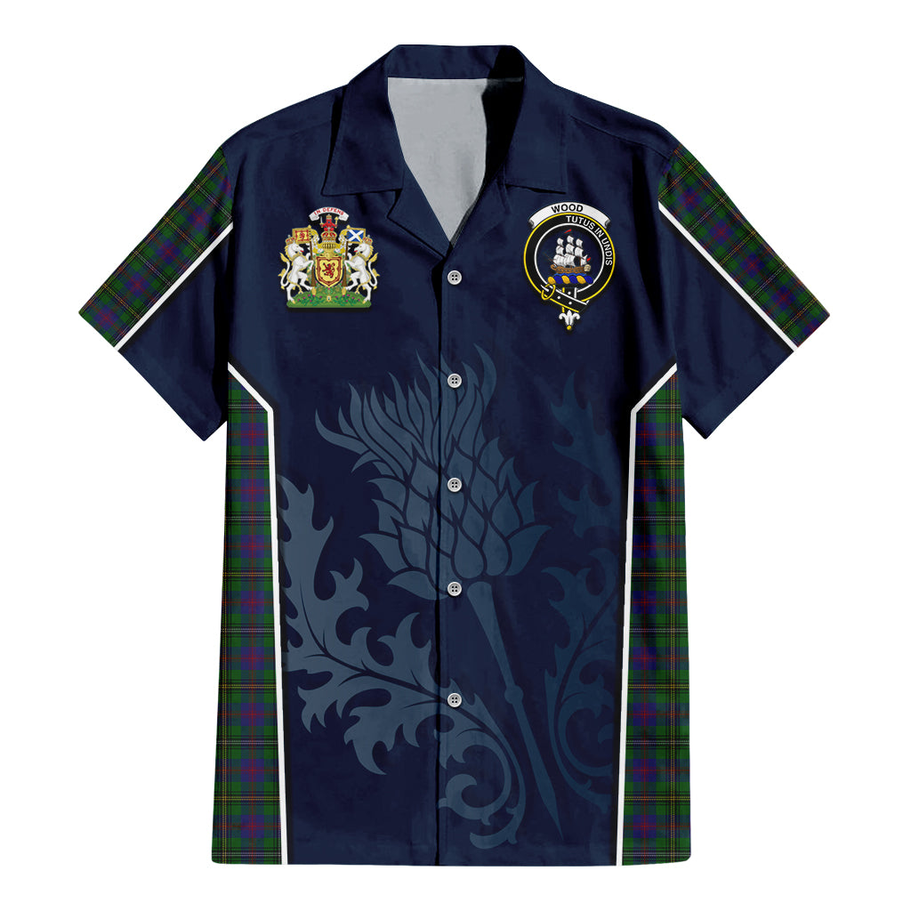 Tartan Vibes Clothing Wood Tartan Short Sleeve Button Up Shirt with Family Crest and Scottish Thistle Vibes Sport Style