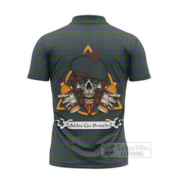 Wood Tartan Zipper Polo Shirt with Family Crest and Bearded Skull Holding Bottles of Whiskey