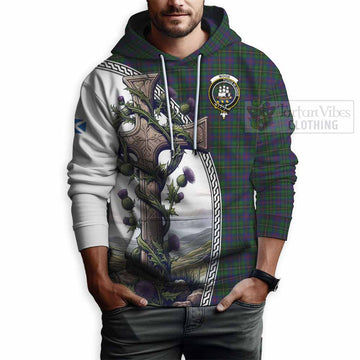 Wood Tartan Hoodie with Family Crest and St. Andrew's Cross Accented by Thistle Vines