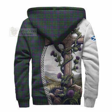 Wood Tartan Sherpa Hoodie with Family Crest and St. Andrew's Cross Accented by Thistle Vines