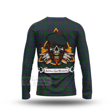 Wood Tartan Long Sleeve T-Shirt with Family Crest and Bearded Skull Holding Bottles of Whiskey