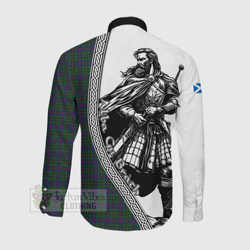 Wood Tartan Clan Crest Long Sleeve Button Shirt with Highlander Warrior Celtic Style