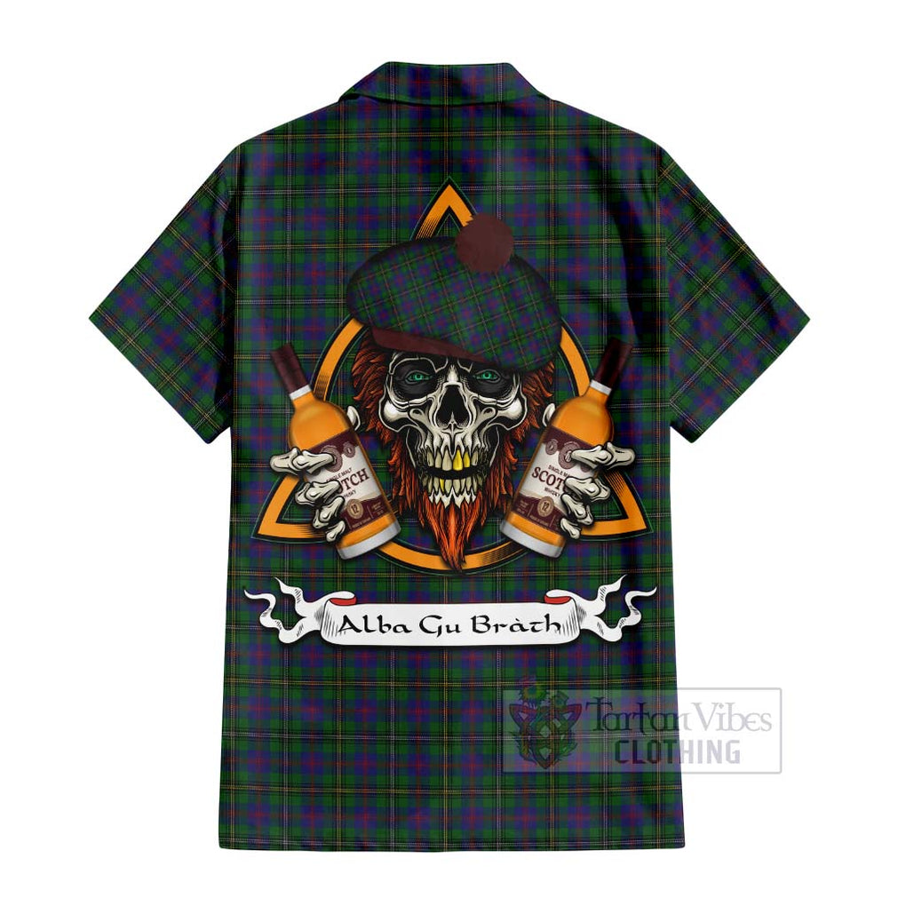 Tartan Vibes Clothing Wood Tartan Short Sleeve Button Shirt with Family Crest and Bearded Skull Holding Bottles of Whiskey