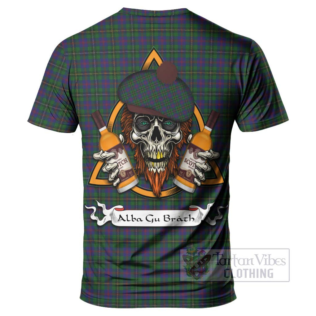 Tartan Vibes Clothing Wood Tartan T-Shirt with Family Crest and Bearded Skull Holding Bottles of Whiskey