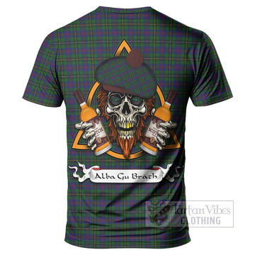 Wood Tartan T-Shirt with Family Crest and Bearded Skull Holding Bottles of Whiskey