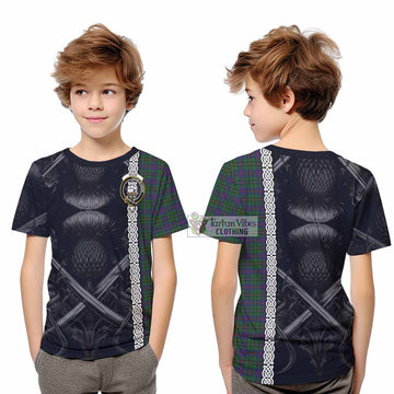 Wood Tartan Kid T-Shirt with Family Crest Cross Sword Thistle Celtic Vibes