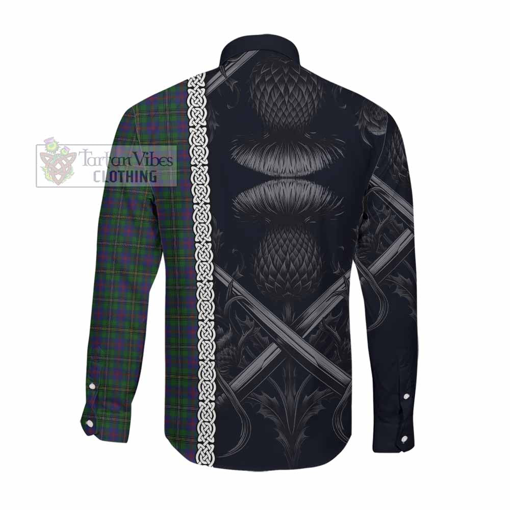 Wood Tartan Long Sleeve Button Shirt with Family Crest Cross Sword Thistle Celtic Vibes Men's Shirt - Tartan Vibes Clothing
