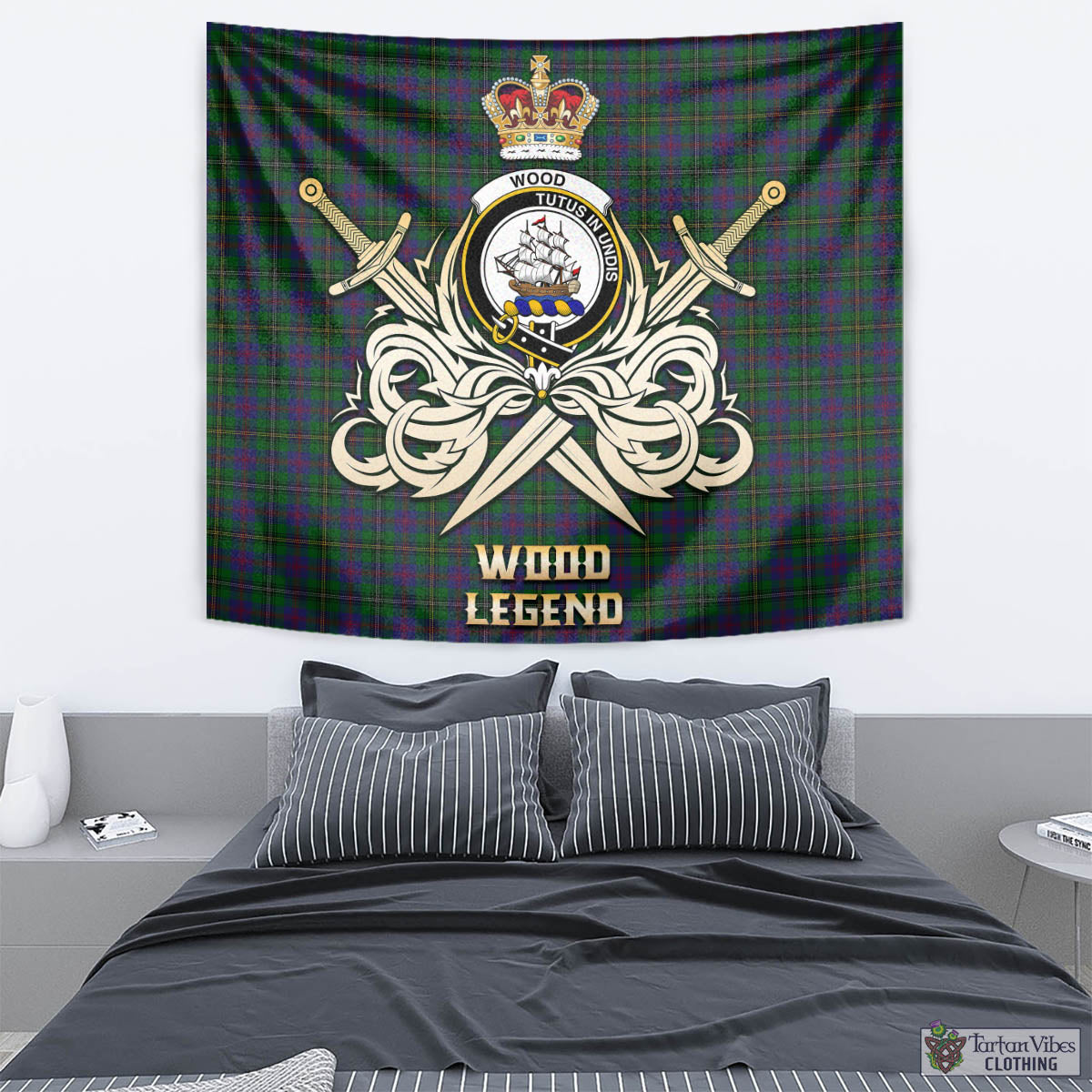 Tartan Vibes Clothing Wood Tartan Tapestry with Clan Crest and the Golden Sword of Courageous Legacy