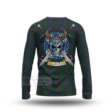 Wood Tartan Long Sleeve T-Shirt with Family Crest Celtic Skull Style