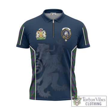 Wood Tartan Zipper Polo Shirt with Family Crest and Lion Rampant Vibes Sport Style