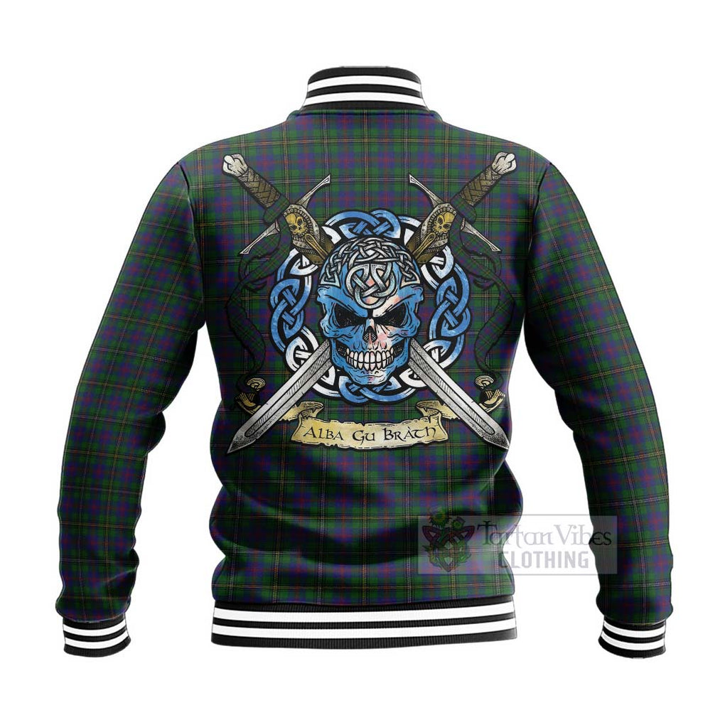 Tartan Vibes Clothing Wood Tartan Baseball Jacket with Family Crest Celtic Skull Style