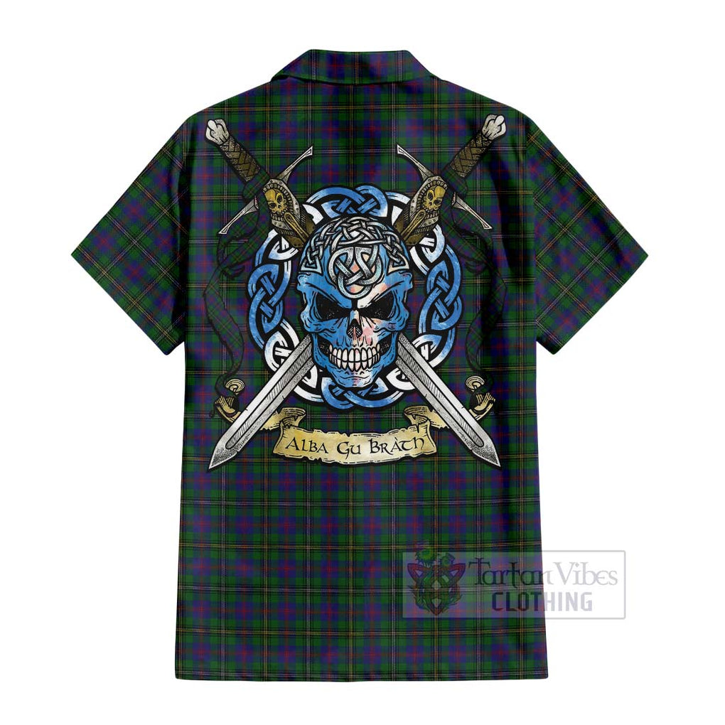 Tartan Vibes Clothing Wood Tartan Short Sleeve Button Shirt with Family Crest Celtic Skull Style