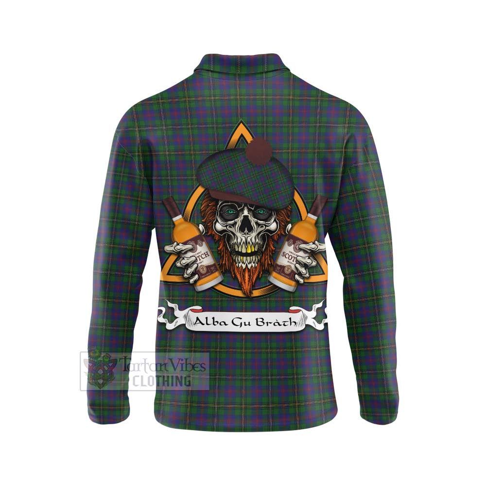 Tartan Vibes Clothing Wood Tartan Long Sleeve Polo Shirt with Family Crest and Bearded Skull Holding Bottles of Whiskey