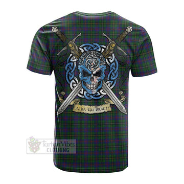 Wood Tartan Cotton T-shirt with Family Crest Celtic Skull Style