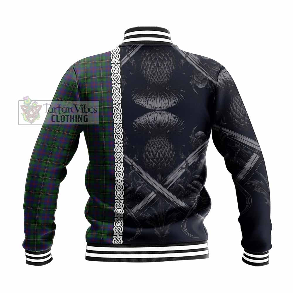 Wood Tartan Baseball Jacket with Family Crest Cross Sword Thistle Celtic Vibes - Tartan Vibes Clothing