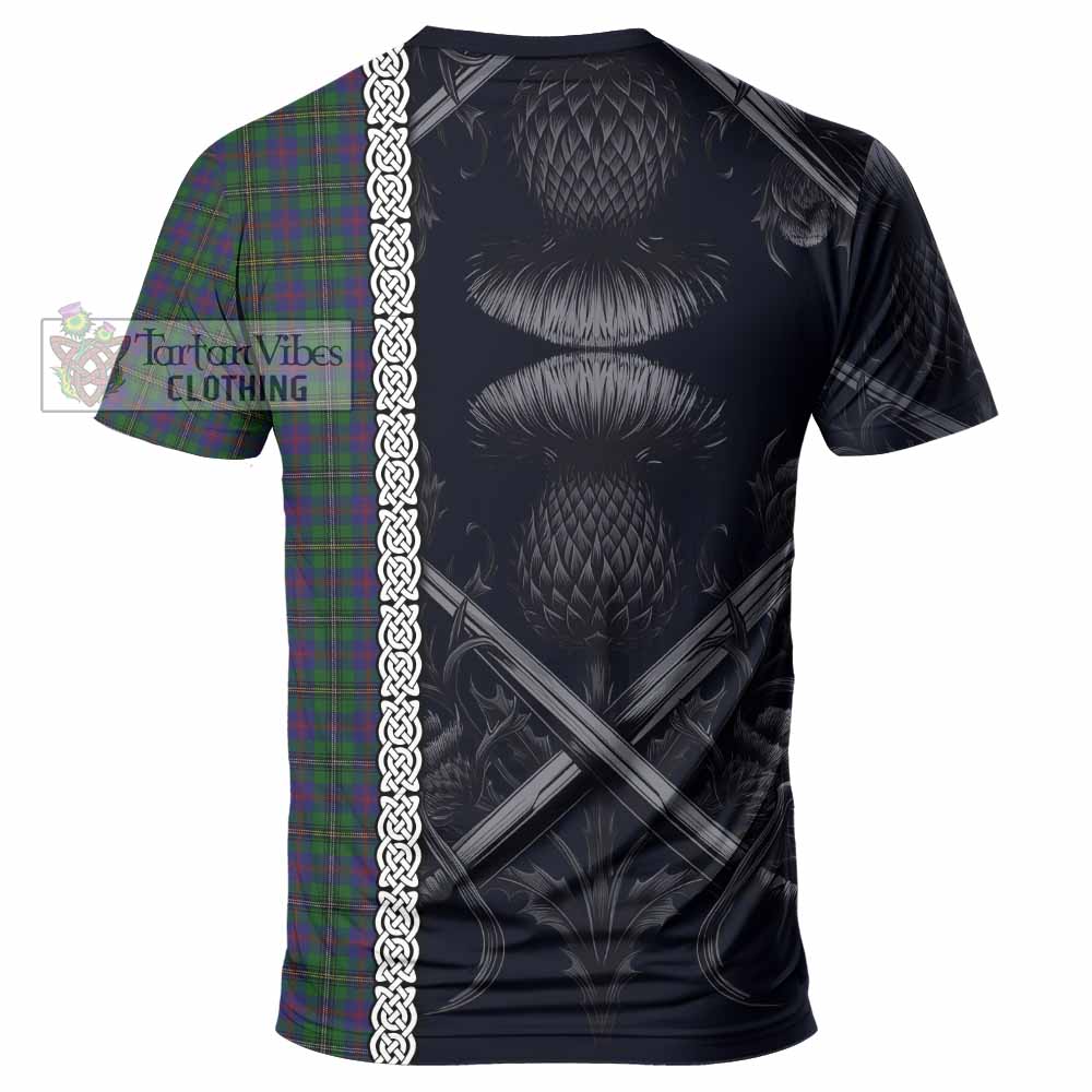 Tartan Vibes Clothing Wood Tartan T-Shirt with Family Crest Cross Sword Thistle Celtic Vibes