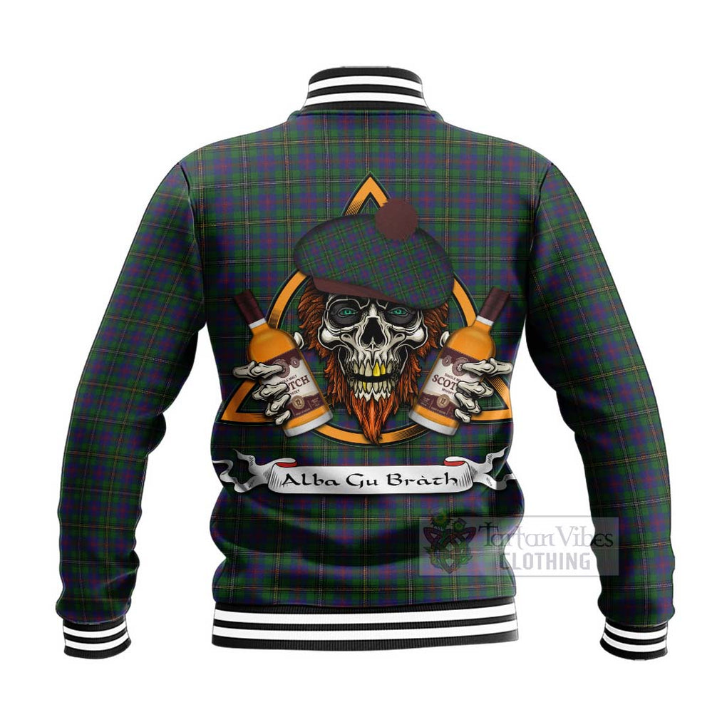 Tartan Vibes Clothing Wood Tartan Baseball Jacket with Family Crest and Bearded Skull Holding Bottles of Whiskey