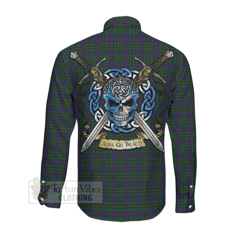 Tartan Vibes Clothing Wood Tartan Long Sleeve Button Shirt with Family Crest Celtic Skull Style