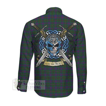 Wood Tartan Long Sleeve Button Shirt with Family Crest Celtic Skull Style