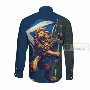 Wood Tartan Family Crest Long Sleeve Button Shirt with Scottish Majestic Lion