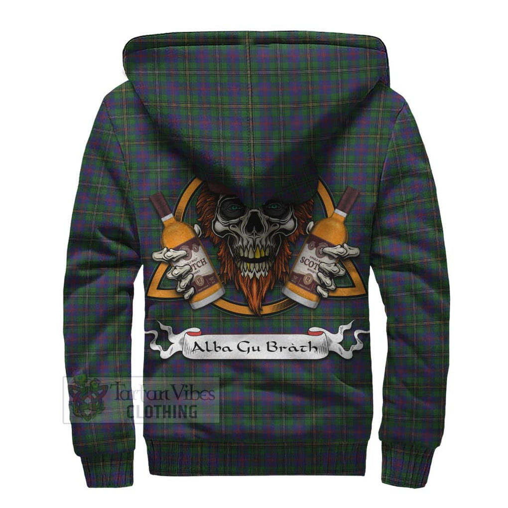 Tartan Vibes Clothing Wood Tartan Sherpa Hoodie with Family Crest and Bearded Skull Holding Bottles of Whiskey