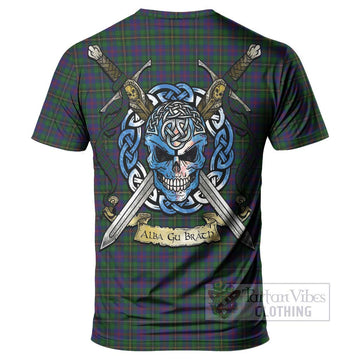 Wood Tartan T-Shirt with Family Crest Celtic Skull Style