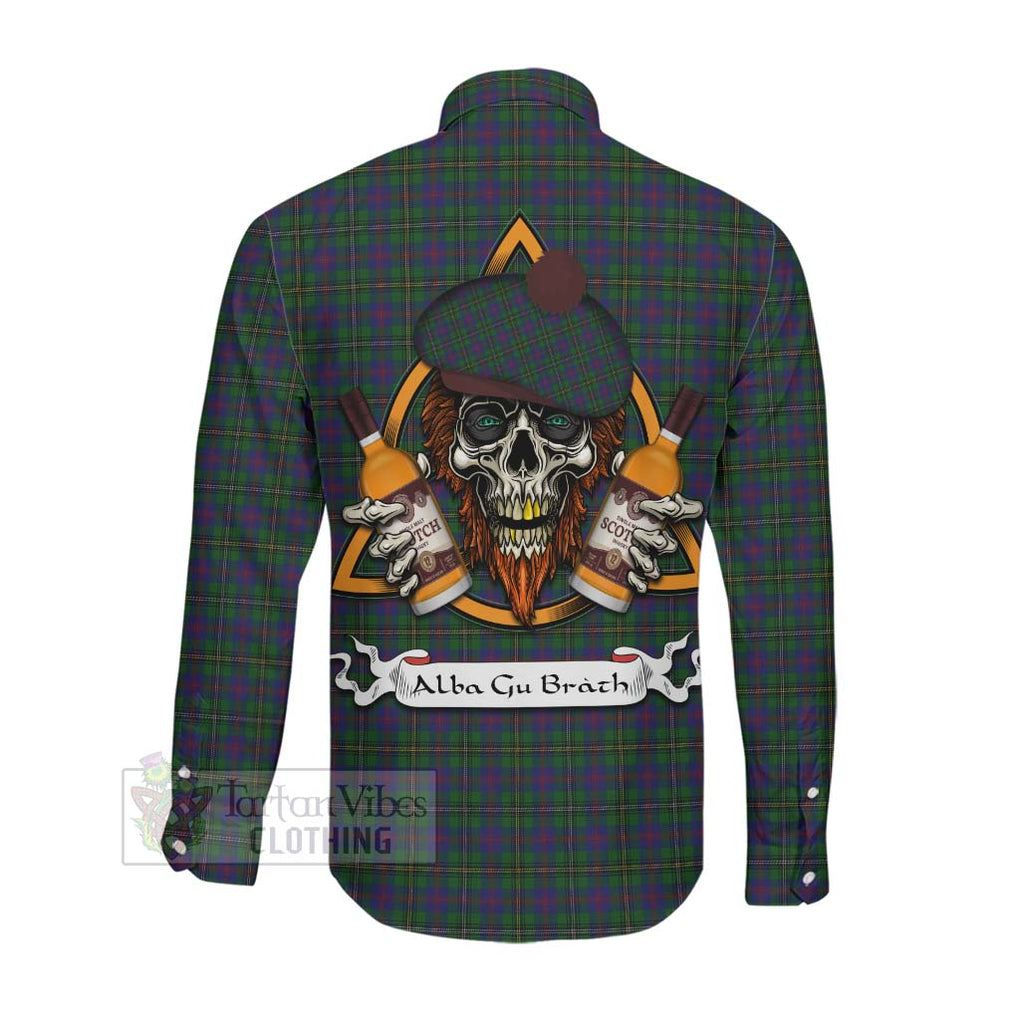 Tartan Vibes Clothing Wood Tartan Long Sleeve Button Shirt with Family Crest and Bearded Skull Holding Bottles of Whiskey