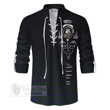 Wood Tartan Ghillie Kilt Shirt Featuring Alba Gu Brath Family Crest Celtic Inspired