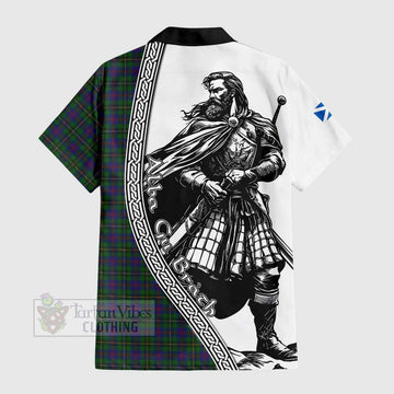 Wood Tartan Clan Crest Short Sleeve Button Shirt with Highlander Warrior Celtic Style