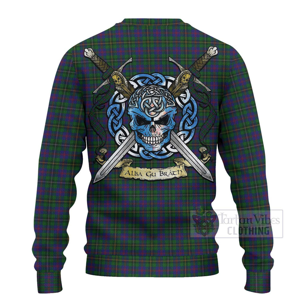 Tartan Vibes Clothing Wood Tartan Knitted Sweater with Family Crest Celtic Skull Style