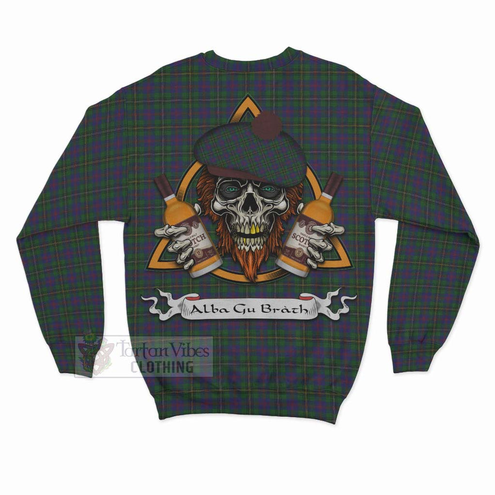 Tartan Vibes Clothing Wood Tartan Sweatshirt with Family Crest and Bearded Skull Holding Bottles of Whiskey