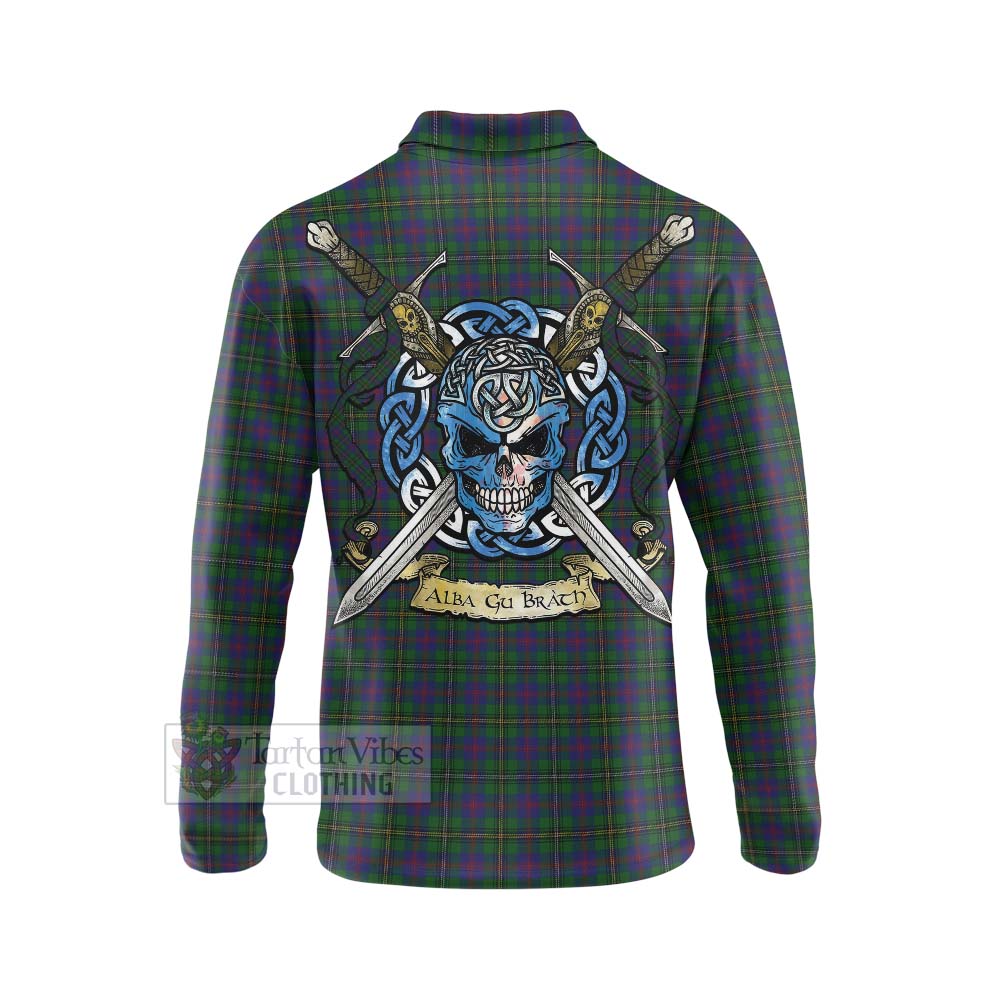 Tartan Vibes Clothing Wood Tartan Long Sleeve Polo Shirt with Family Crest Celtic Skull Style