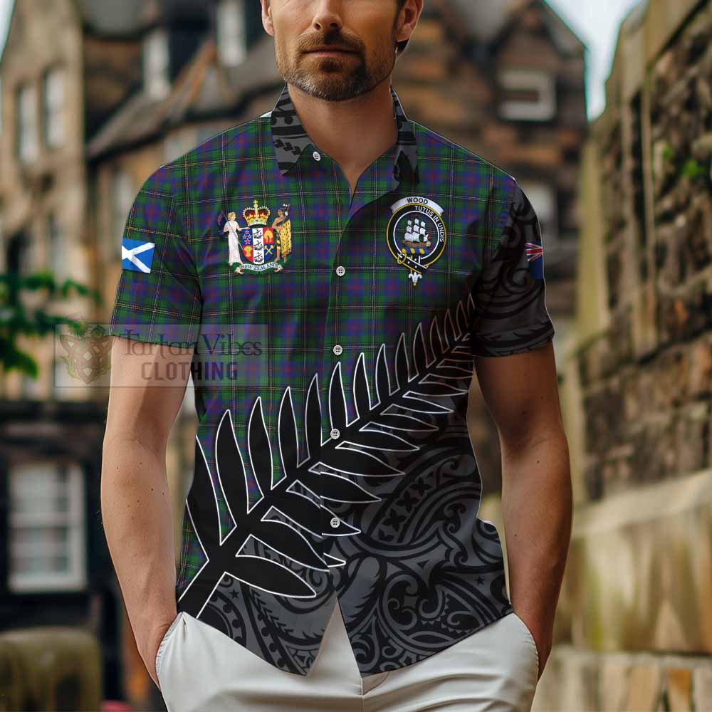 Tartan Vibes Clothing Wood Crest Tartan Short Sleeve Button Shirt with New Zealand Silver Fern Half Style