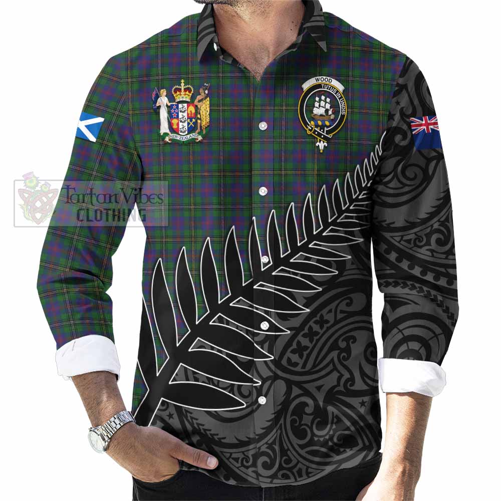 Tartan Vibes Clothing Wood Crest Tartan Long Sleeve Button Shirt with New Zealand Silver Fern Half Style