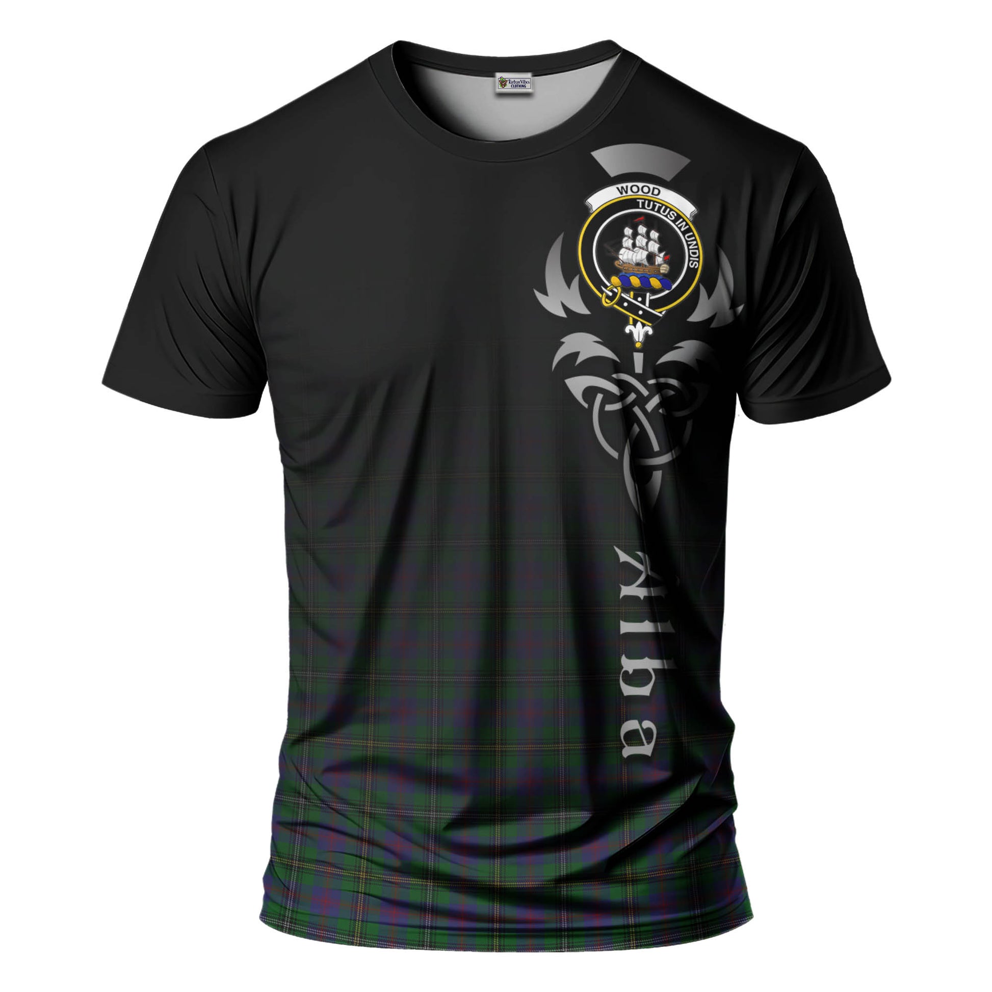 Tartan Vibes Clothing Wood Tartan T-Shirt Featuring Alba Gu Brath Family Crest Celtic Inspired