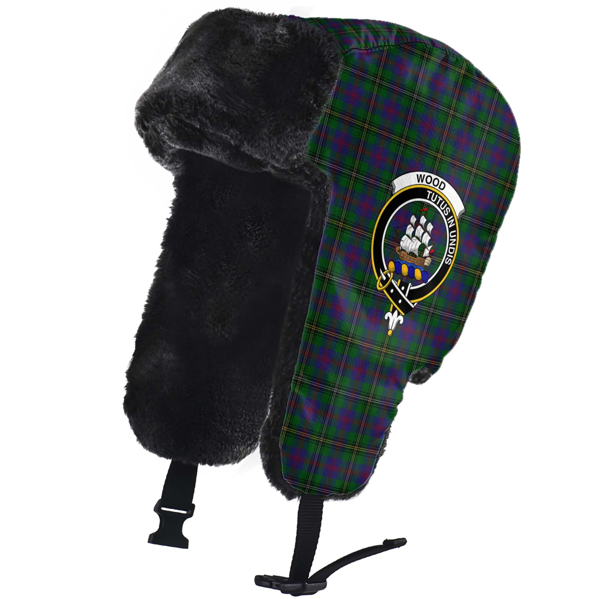 Wood Tartan Winter Trapper Hat with Family Crest - Tartanvibesclothing