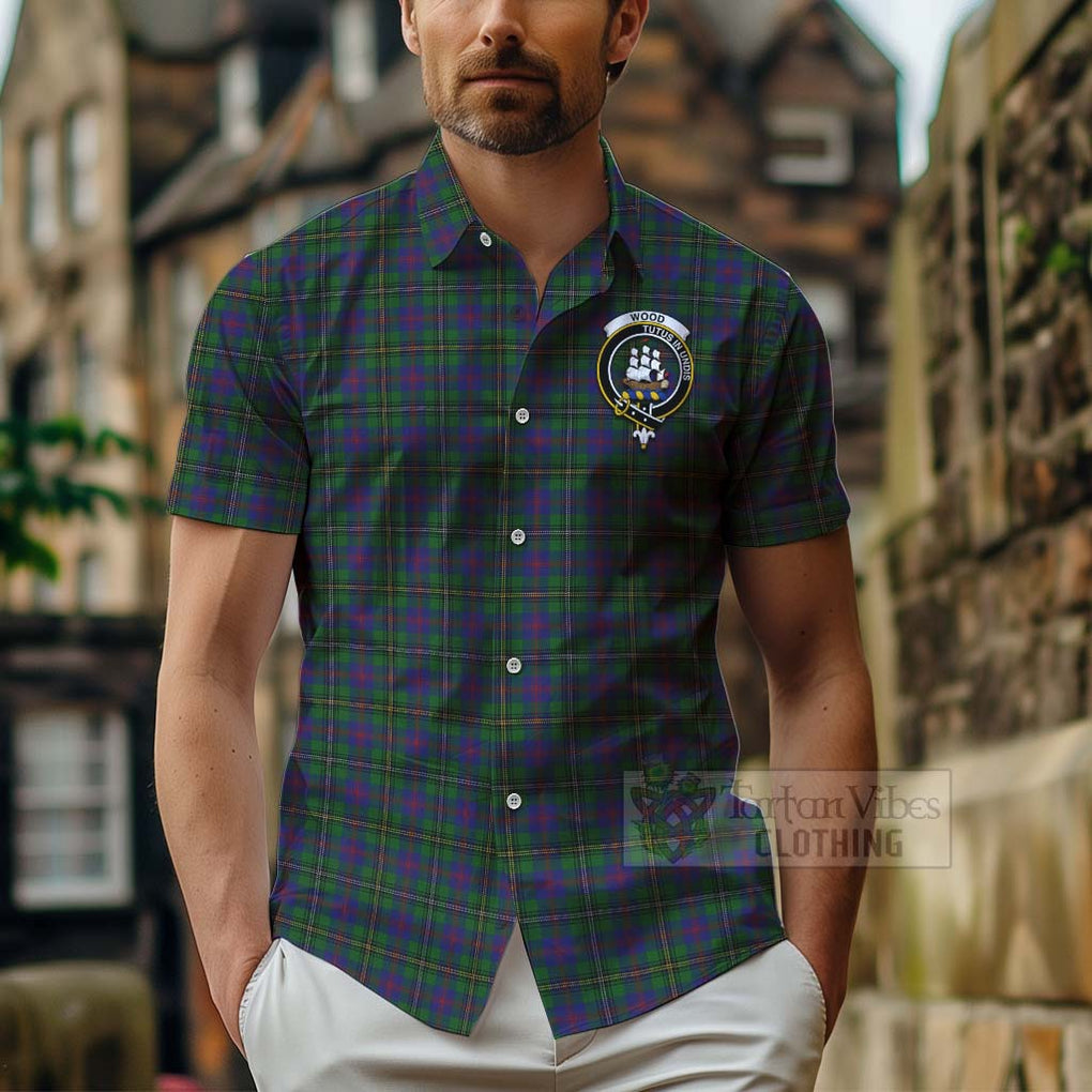 Tartan Vibes Clothing Wood Tartan Short Sleeve Button Shirt with Family Crest and Bearded Skull Holding Bottles of Whiskey