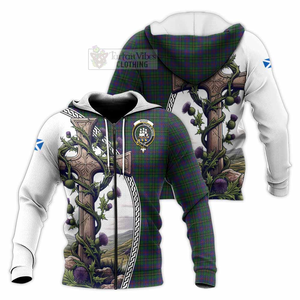 Tartan Vibes Clothing Wood Tartan Knitted Hoodie with Family Crest and St. Andrew's Cross Accented by Thistle Vines