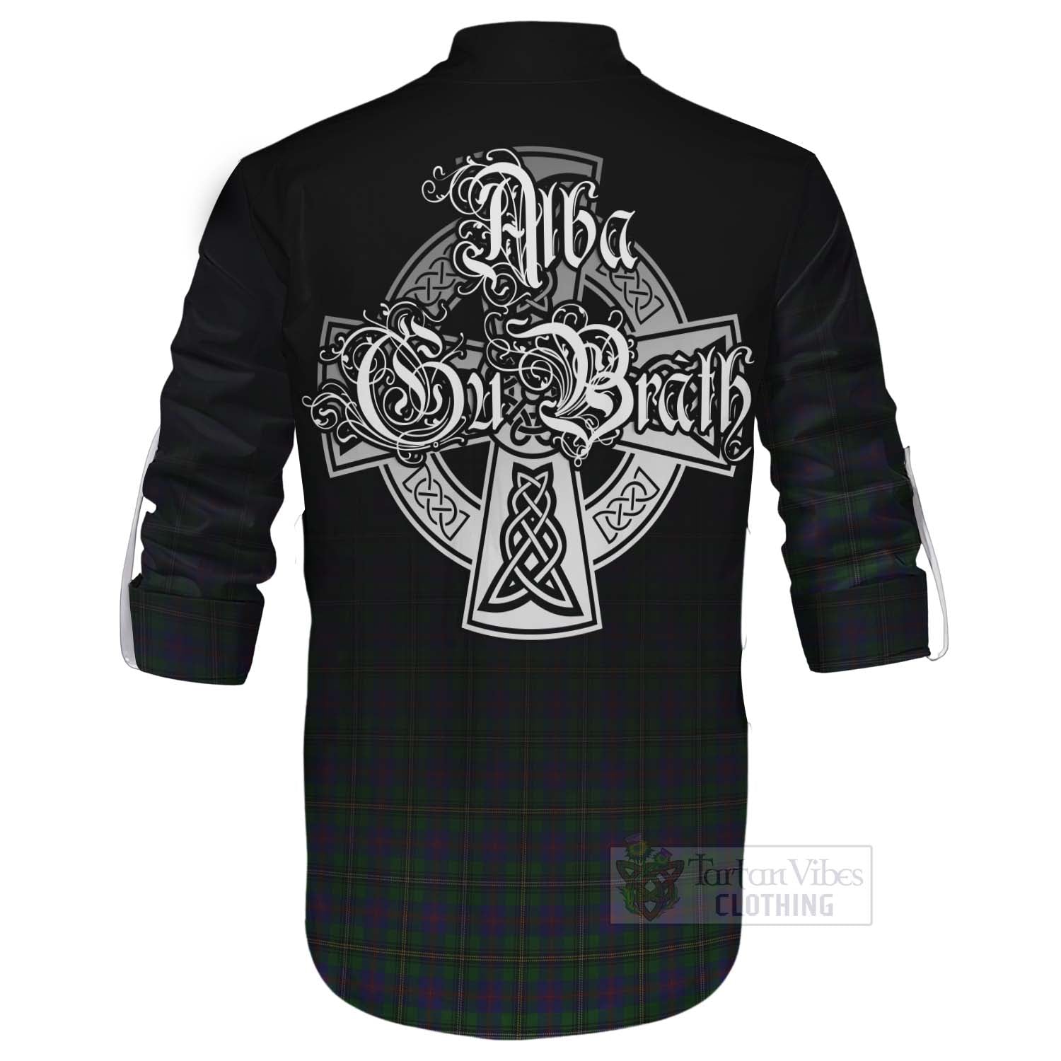 Tartan Vibes Clothing Wood Tartan Ghillie Kilt Shirt Featuring Alba Gu Brath Family Crest Celtic Inspired