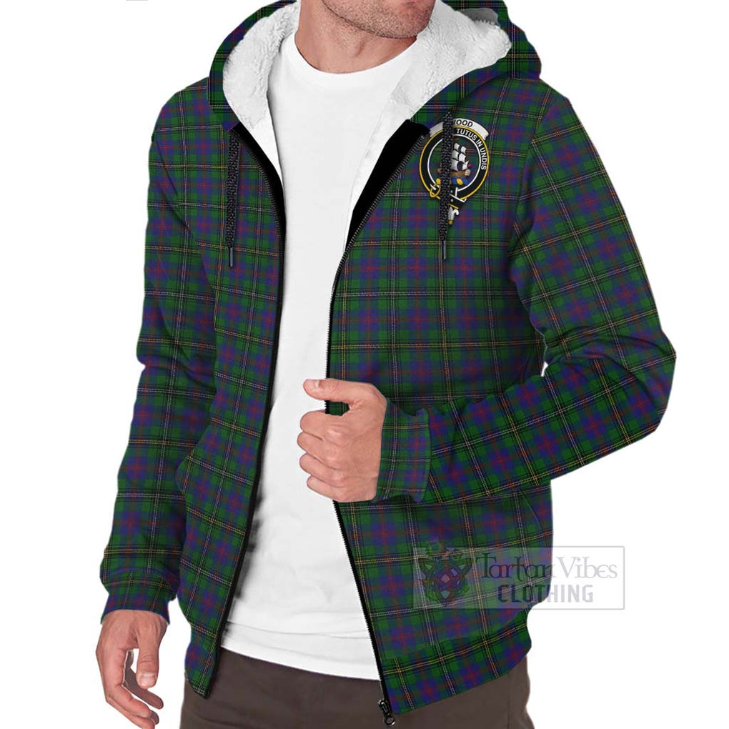 Tartan Vibes Clothing Wood Tartan Sherpa Hoodie with Family Crest and Bearded Skull Holding Bottles of Whiskey