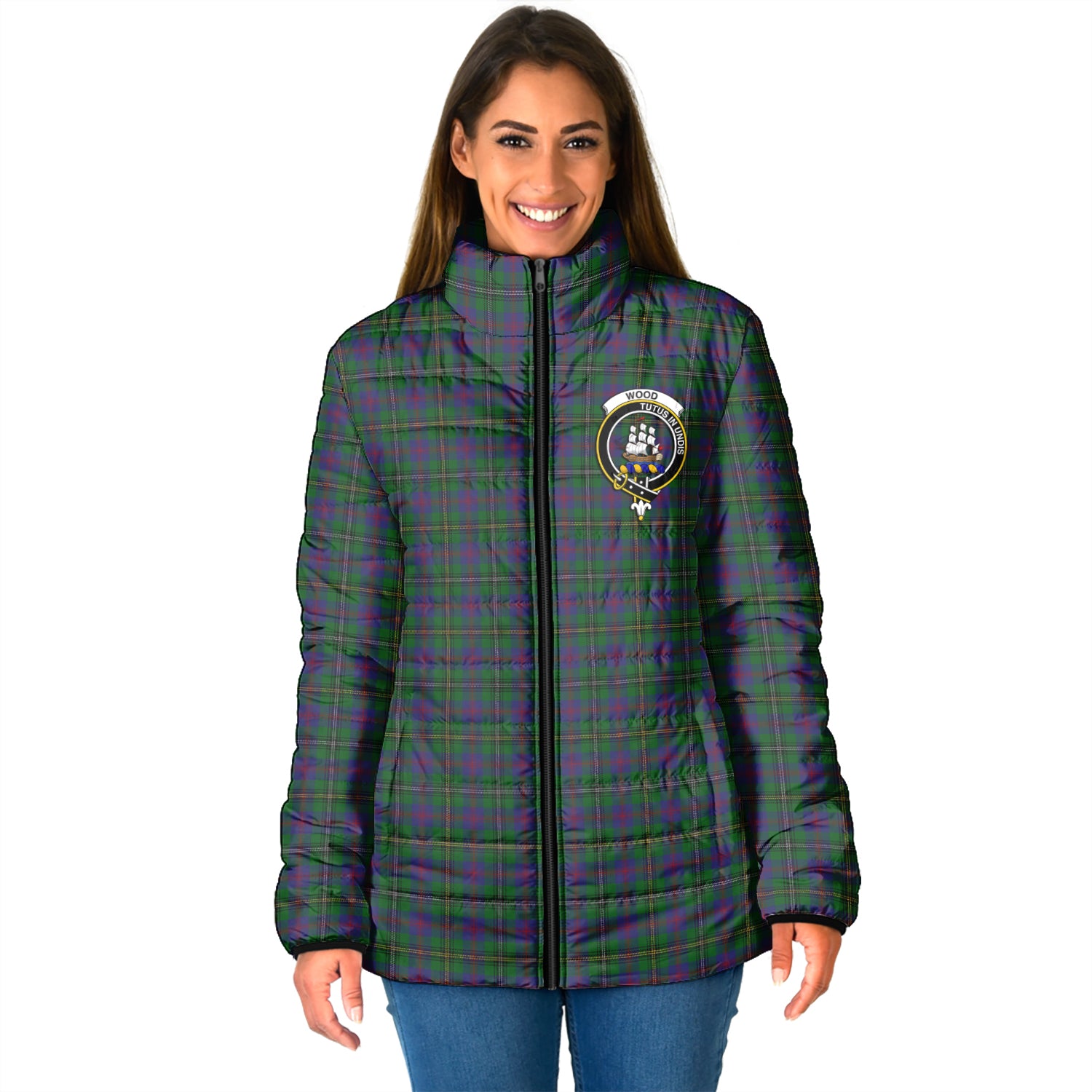 Wood Tartan Padded Jacket with Family Crest - Tartan Vibes Clothing