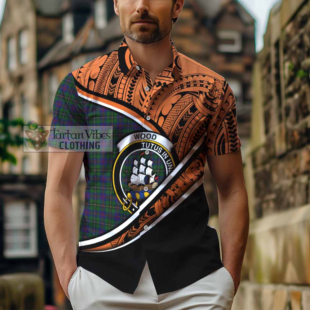 Tartan Vibes Clothing Wood Crest Tartan Short Sleeve Button Shirt with Maori Tattoo Style - Orange Version