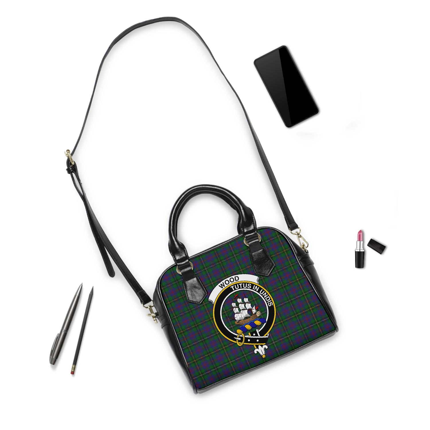 Wood Tartan Shoulder Handbags with Family Crest - Tartanvibesclothing