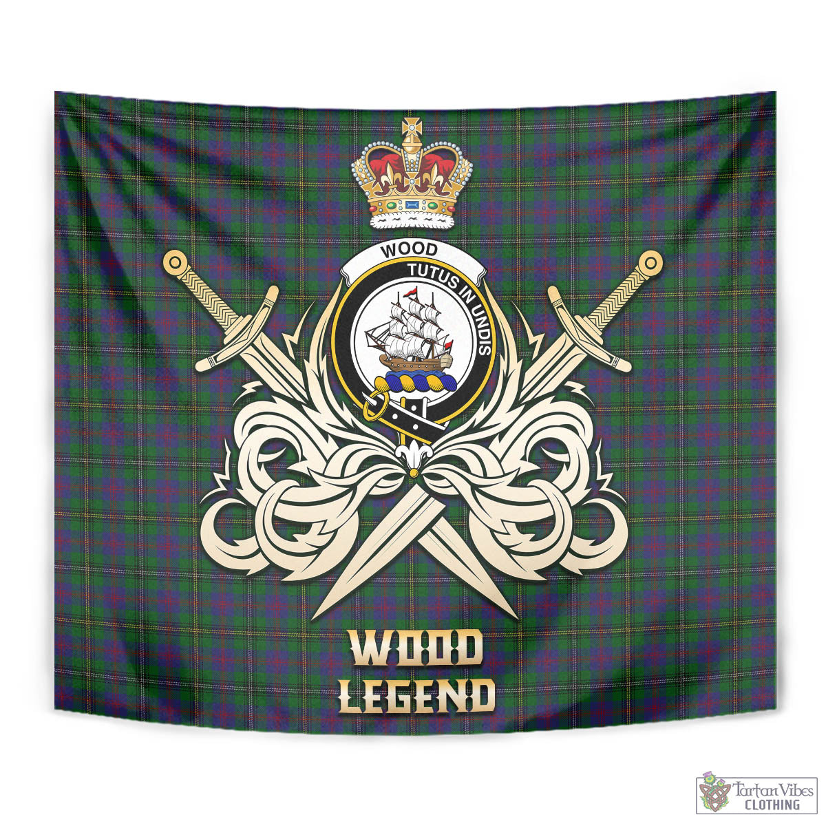 Tartan Vibes Clothing Wood Tartan Tapestry with Clan Crest and the Golden Sword of Courageous Legacy