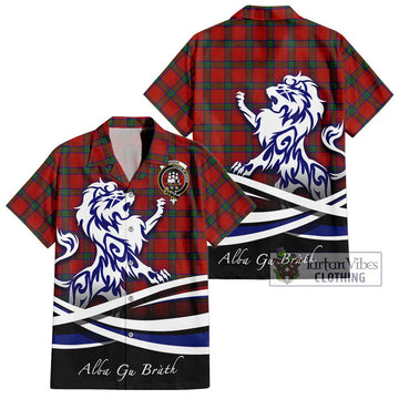 Wood Dress Tartan Short Sleeve Button Shirt with Alba Gu Brath Regal Lion Emblem