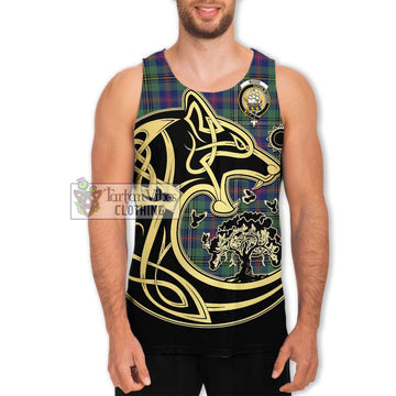 Wood Modern Tartan Men's Tank Top with Family Crest Celtic Wolf Style