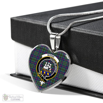 Wood Modern Tartan Heart Necklace with Family Crest