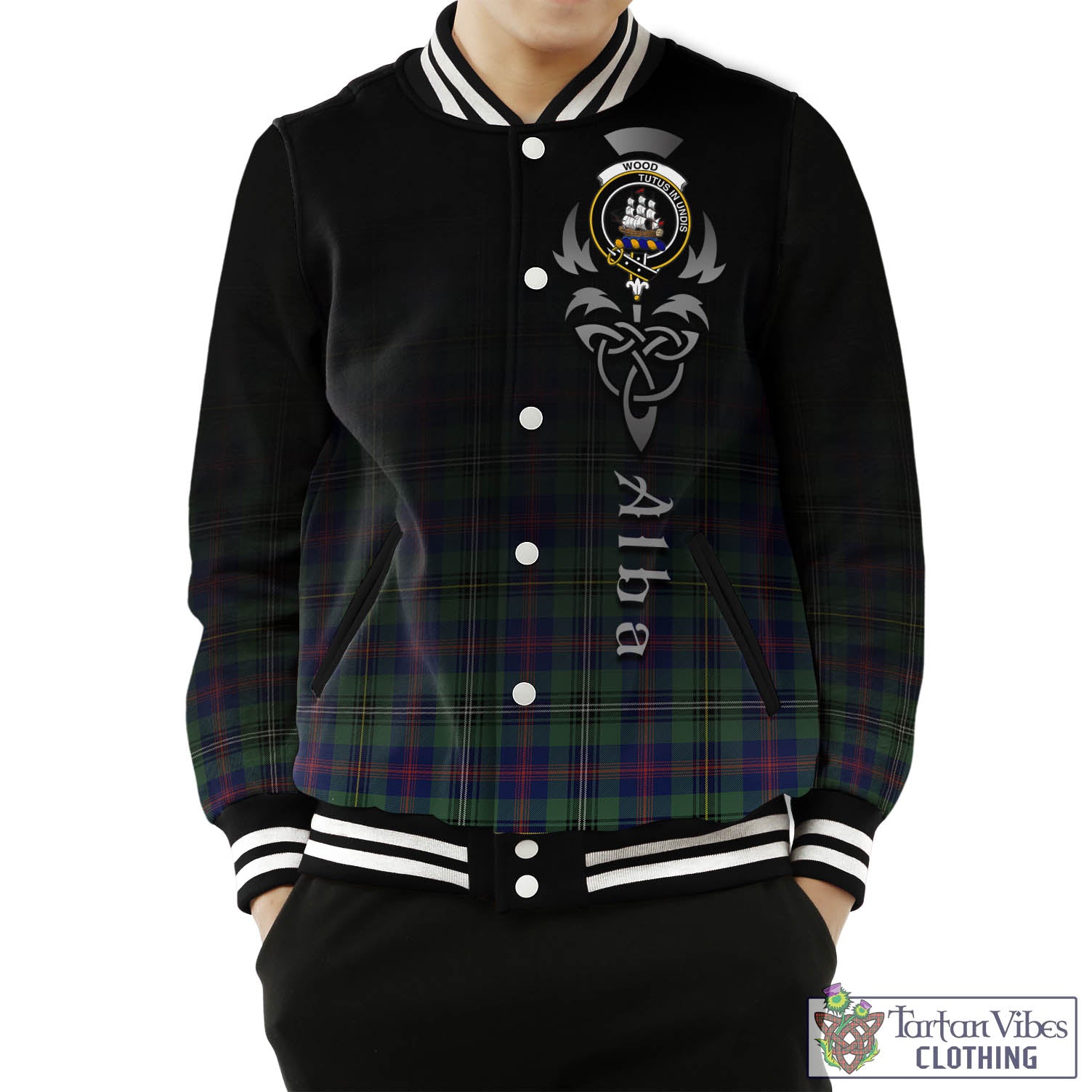 Tartan Vibes Clothing Wood Modern Tartan Baseball Jacket Featuring Alba Gu Brath Family Crest Celtic Inspired